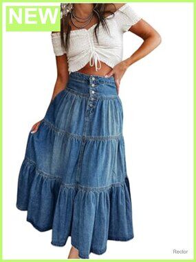 High-Waist Blue Denim Tiered Maxi Skirt